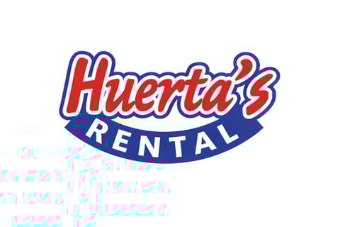 Huertas Rental logo with red script text and blue banner on white background